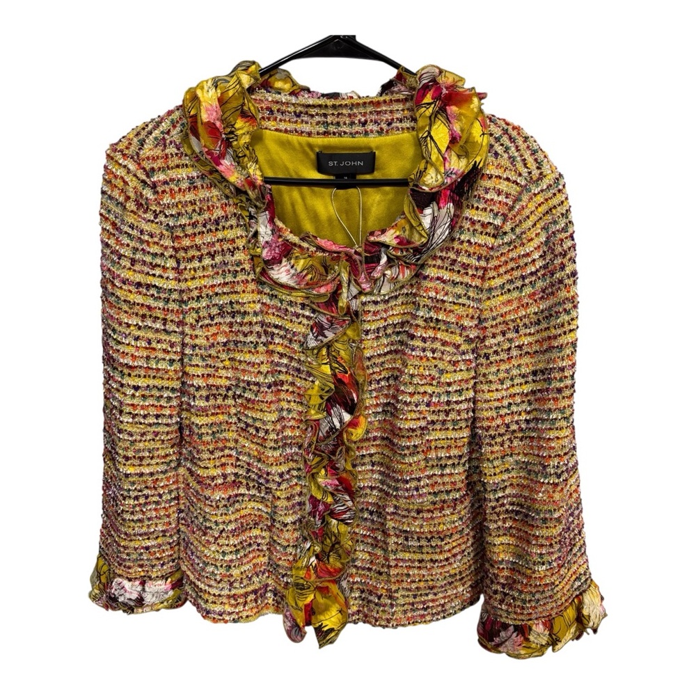 NWOT St. John Black Label Multicolor Tweed Ruffle-Trim Jacket Sz 16 (Runs Small)